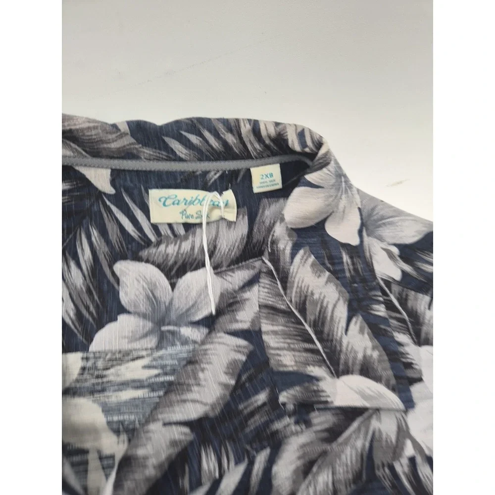 Caribbean Pure Silk Mens Shirt Short Sleeve Hawaiian Floral  Blue Size Large 2xb